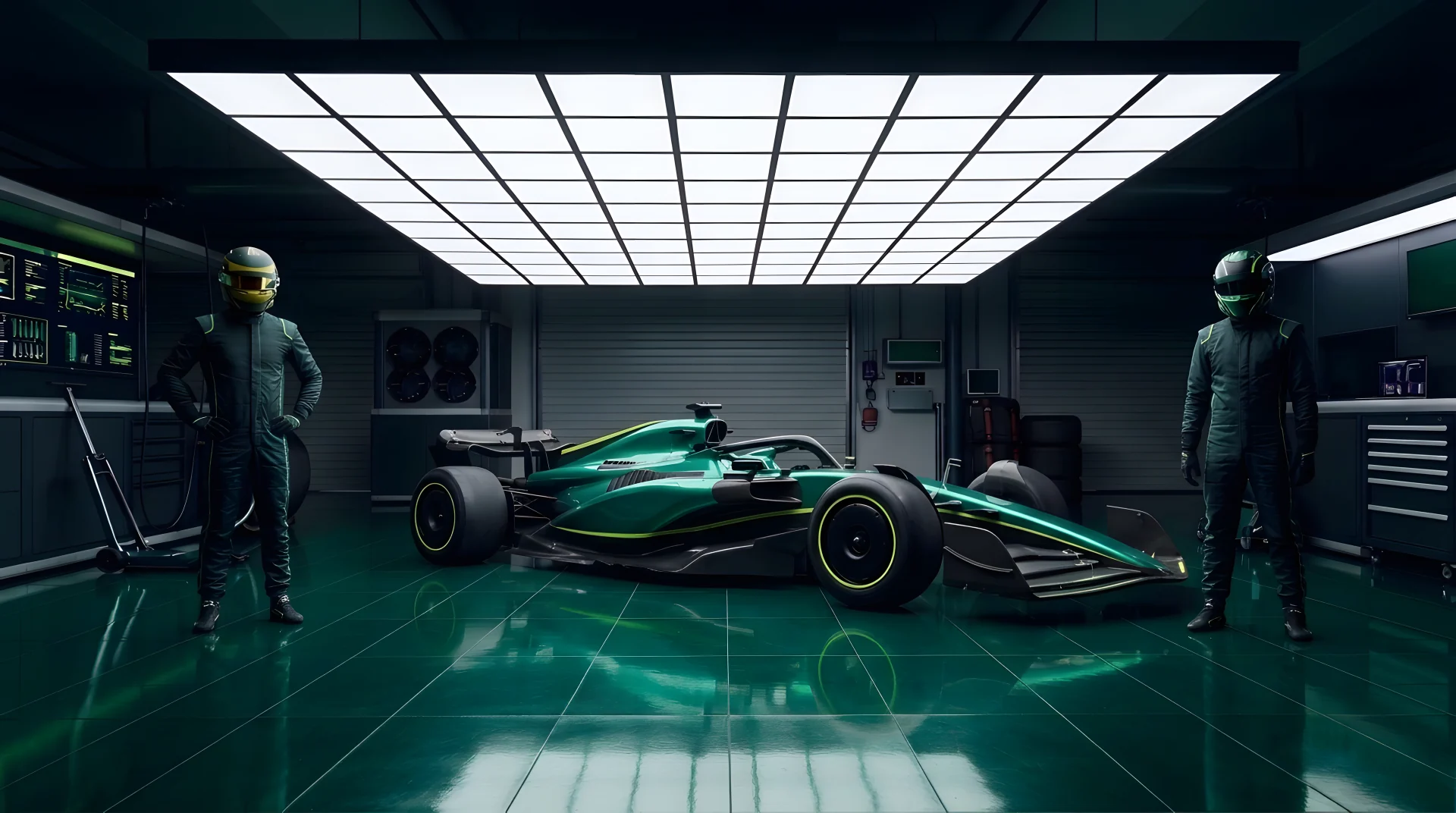 Aston Martin pit garage scene
